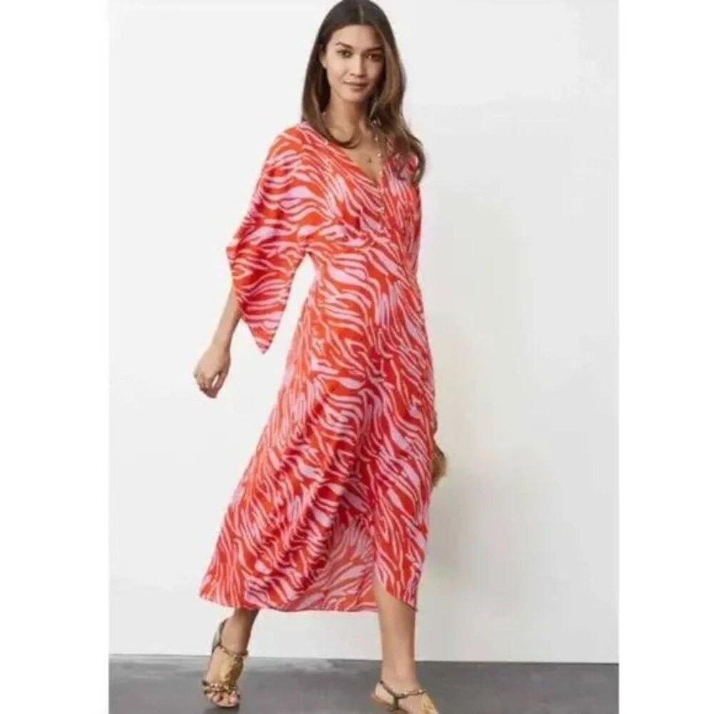 Cabi Saunter Kimono Maxi Dress Sz S High Low Zebra Orange Purple Kentucky Derby